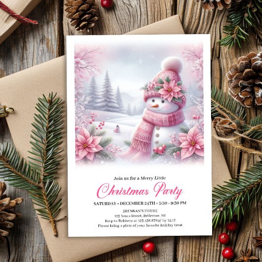 Merry Pink Snowman Editable Christmas Kids Invite Kaart