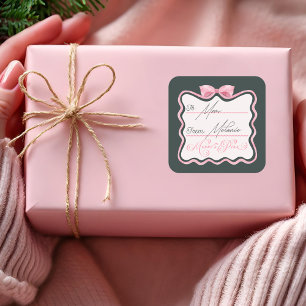 Merry & Pink Wavy Retro Pink Ribbon & Bow To From Vierkante Sticker