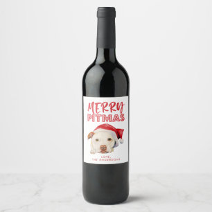 Merry Pitmas Cute Santa Pit Bull Dog Kerstmis Wijn Etiket