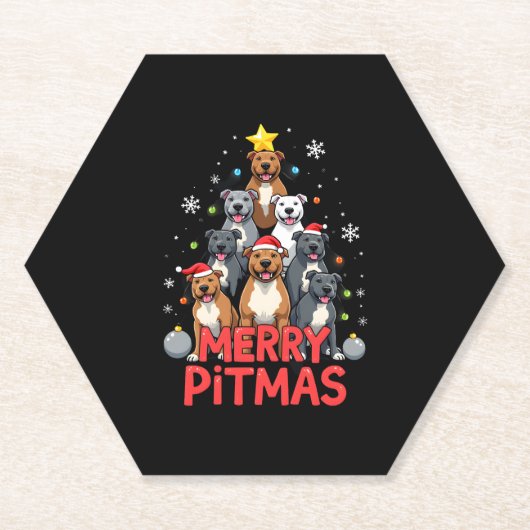 Merry Pitmas Pitbull Dog Ugly Christmas Sweater Tr Kartonnen Onderzetters (Voorkant)