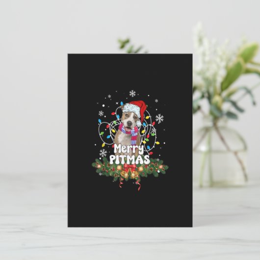 Merry Pitmas Santa Pitbull Dog kerstlampjes doen Kaart (Staand voorkant)