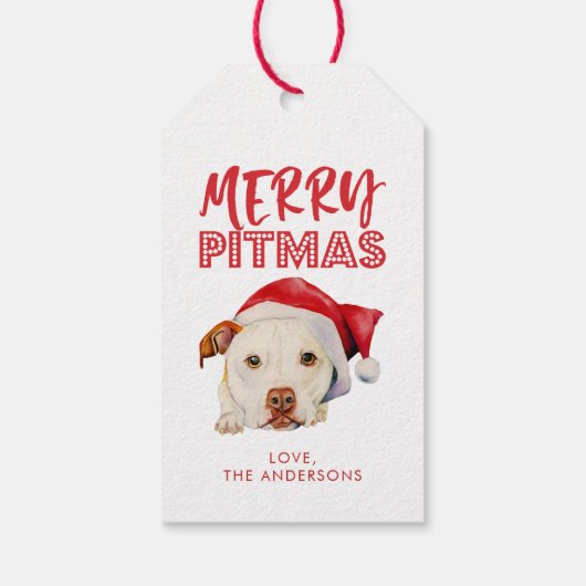 Merry Pitmas, Schattigee Santa Pit Bull Dog gepers Cadeaulabel (Achterkant)