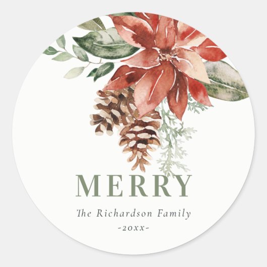 Merry Poinsettia Bunch Waterverf Pine Kerstmis Ronde Sticker (Voorkant)