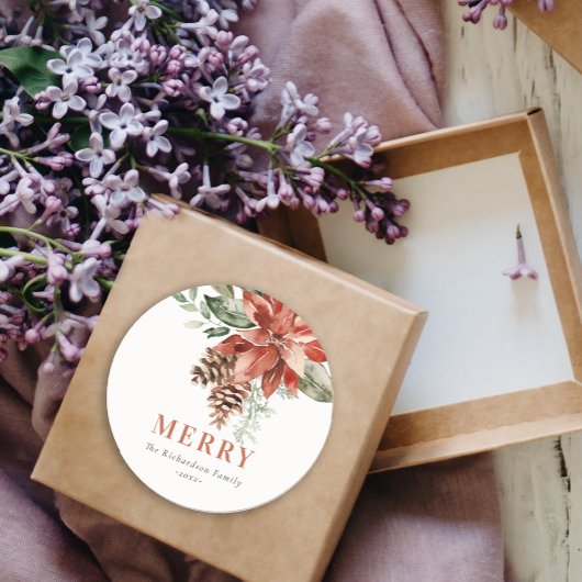 Merry Poinsettia Bunch Waterverf Pine Kerstmis Ronde Sticker