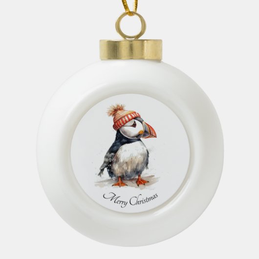 Merry Puffin Keramische Bal Ornament (Voorkant)