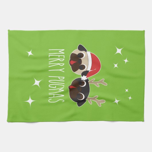 Merry Pug Santa en Reindeer Pugs Dish Towel Theedoek (Horizontaal)