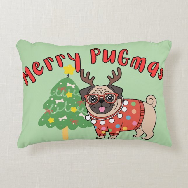 Merry PUGmas Accent Kussen (Voorkant)