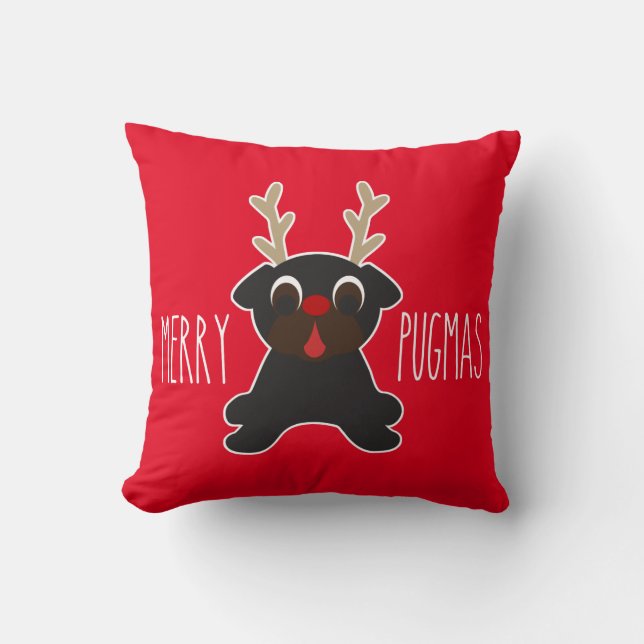 Merry Pugmas Black Pug Reindeer Kussen (Voorkant)