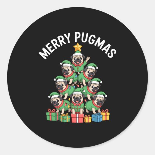 Merry Pugmas Funny Pug Christmas Tree Holiday Long Ronde Sticker (Voorkant)