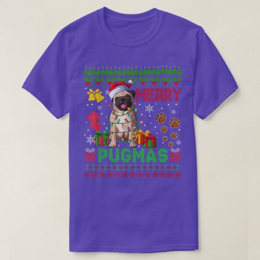 Merry Pugmas kerstlampjes Santa Pug Dog Familie T-shirt (Design voorkant)
