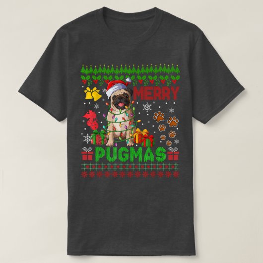 Merry Pugmas kerstlampjes Santa Pug Dog Familie T-shirt (Design voorkant)