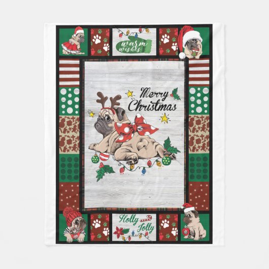 Merry Pugmas kerstmis met kerstfeest als boer Fleece Deken (Voorkant)