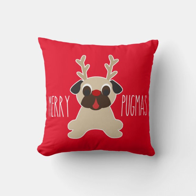 Merry Pugmas Kerstmis Pillow Reindeer Pug Kussen (Voorkant)
