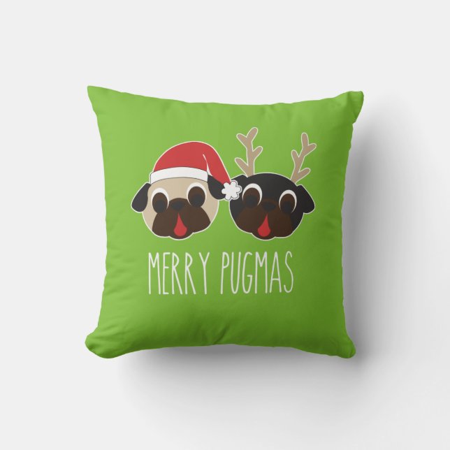 Merry Pugmas Kerstmis Pillow Reindeer & Santa Pug Kussen (Voorkant)