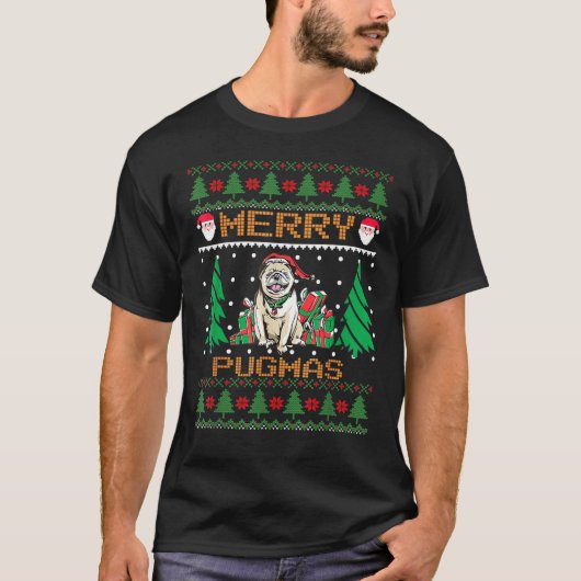 Merry Pugmas Kerstmis Ugly Sweater Pug Family Pa T-shirt (Voorkant)