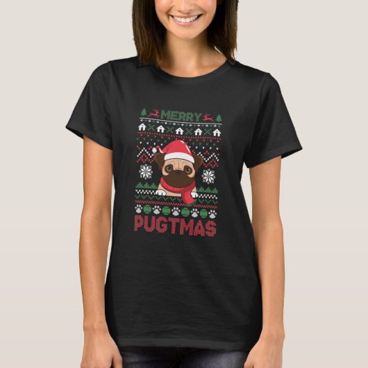 Merry Pugmas Lelijk Sweater Patroon T-shirt (Voorkant)