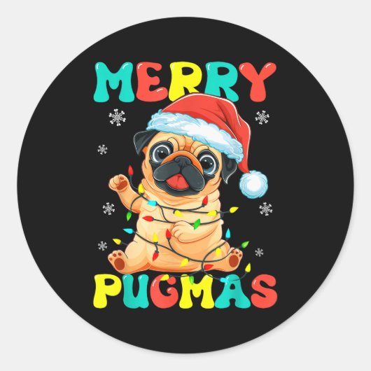 Merry Pugmas Pug Christmas Santa Pug Xmas Lights D Ronde Sticker (Voorkant)