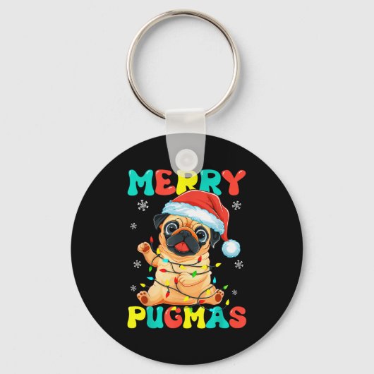 Merry Pugmas Pug Christmas Santa Pug Xmas Lights D Sleutelhanger (Voorkant)