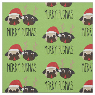 Merry Pugmas Pug Santa Pug Reindeer Fabric Stof