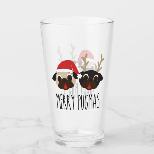 Merry Pugmas Pug Santa & Reindester Glas (Voorkant)
