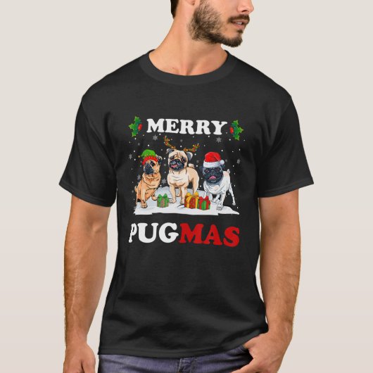 Merry Pugmas Santa Elf Reindeer Pug Dogs Xmas - bo T-shirt (Voorkant)