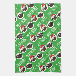 Merry Pugmas Santa Reindeer Pugs Pattern Theedoek