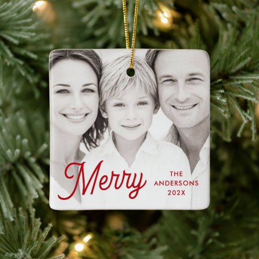 Merry red festive retro font name year photo keramisch ornament (Boom)