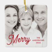 Merry red festive retro font name year photo keramisch ornament (Voorkant)