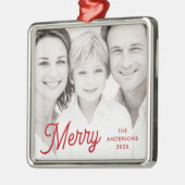 Merry red festive retro font name year photo metalen ornament (Links)