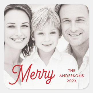 Merry red festive retro font name year photo vierkante sticker