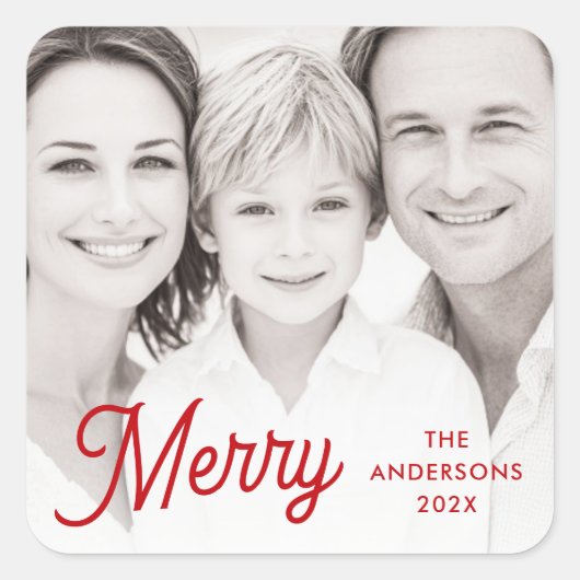 Merry red festive retro font name year photo vierkante sticker (Voorkant)