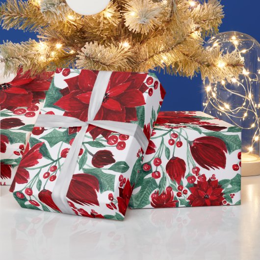 Merry Red Poinsettia Flowers Ivy verliest Waterver Cadeaupapier (Feestdagen)