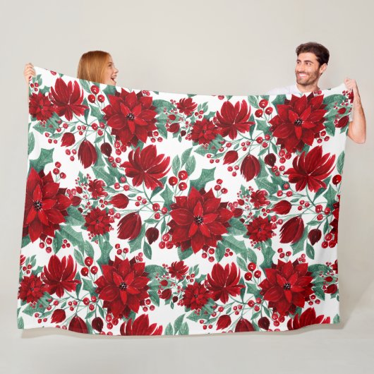 Merry Red Poinsettia Flowers Ivy verliest Waterver Fleece Deken (In situ)