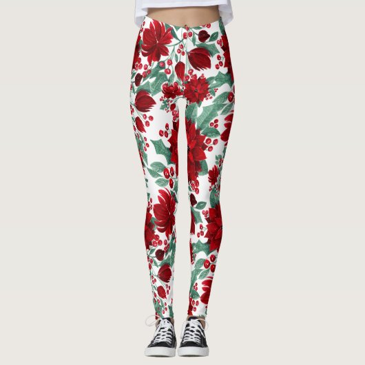 Merry Red Poinsettia Flowers Ivy verliest Waterver Leggings (Voorkant)