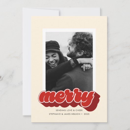 Merry Red Retro Script Kerstfoto Feestdagenkaart (Voorkant)