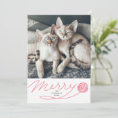 Merry Red Yarn Ball Cat Foto Feestdagenkaart (Staand voorkant)