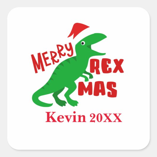 Merry Rex Mas Personaliseerbare Kinderen TRex Dino Vierkante Sticker (Voorkant)