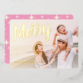 Merry Roze Retro Glans Goud Metaalachtig Folie Feestdagenkaart