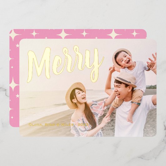 Merry Roze Retro Glans Goud Metaalglans Folie Feestdagenkaart (Voorkant / Achterkant)