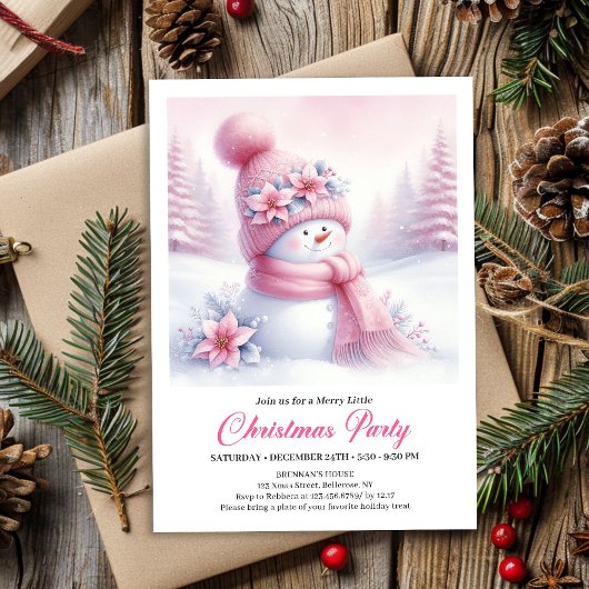 Merry Roze Sneeuwman Bewerkbare Kerst Uitnodiging