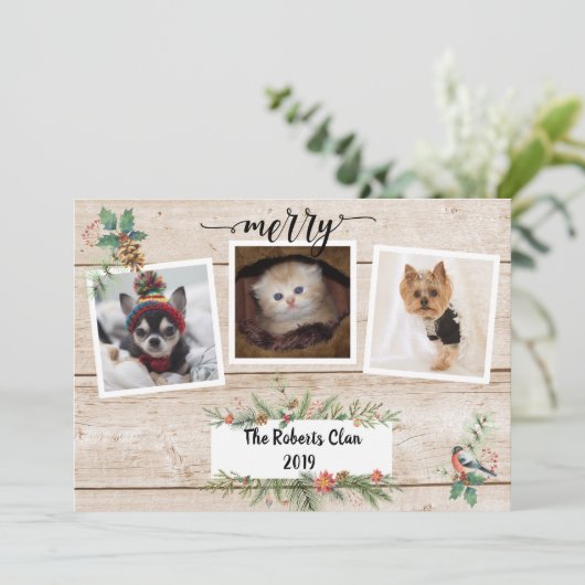 Merry! Rustic Barnwood Three Photo Holiday (Staand voorkant)