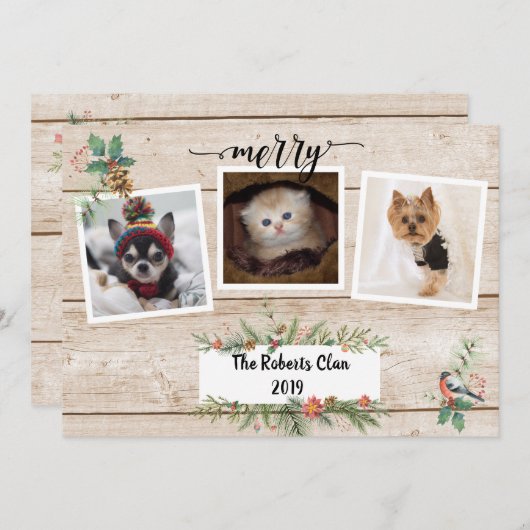 Merry! Rustic Barnwood Three Photo Holiday (Voorkant / Achterkant)