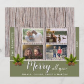Merry Rustic Wood Kerstfamilie 4 Foto Collage Feestdagenkaart (Voorkant / Achterkant)