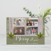 Merry Rustic Wood Kerstfamilie 4 Foto Collage Feestdagenkaart (Staand voorkant)