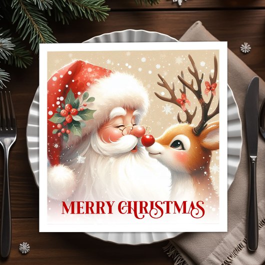 Merry Santa and Rudolph Christmas Napkins Dinner Servet
