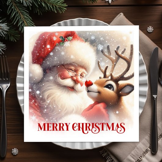 Merry Santa Claus Rudolph Holiday Dinner Party Servet