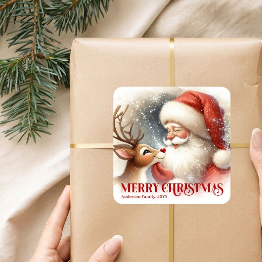 Merry Santa Claus Rudolph Personalized Kids Holida Vierkante Sticker