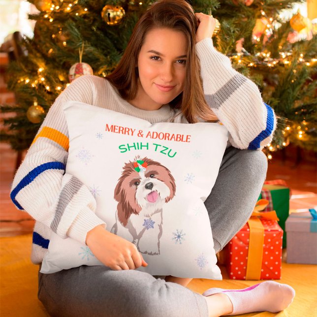 Merry & Schattig Shih Tzu met Snowflake Dog Label Kussen (Creator heeft geüpload)