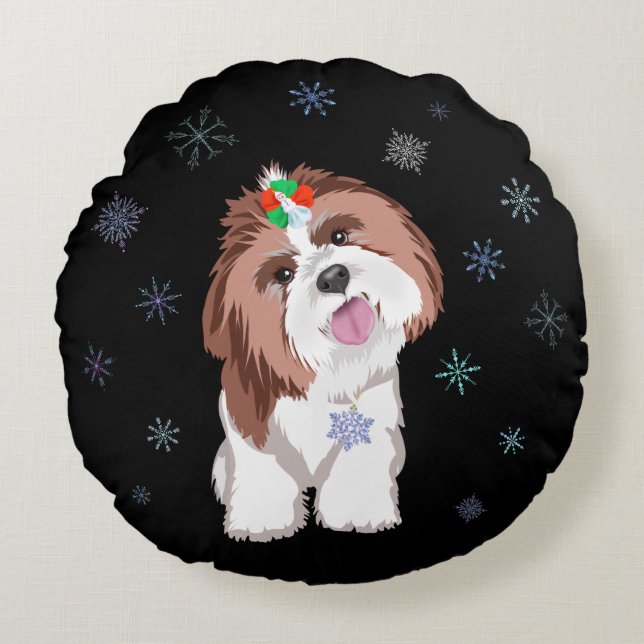 Merry & Schattig Shih Tzu met Snowflake Dog Label Rond Kussen (Voorkant)