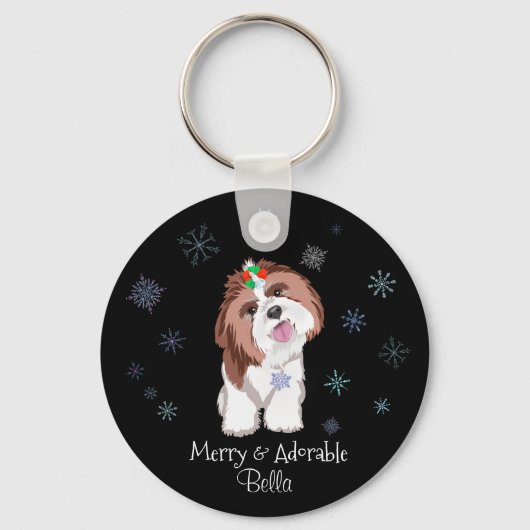 Merry & Schattig Shih Tzu met Snowflake Dog Label Sleutelhanger (Achterkant)